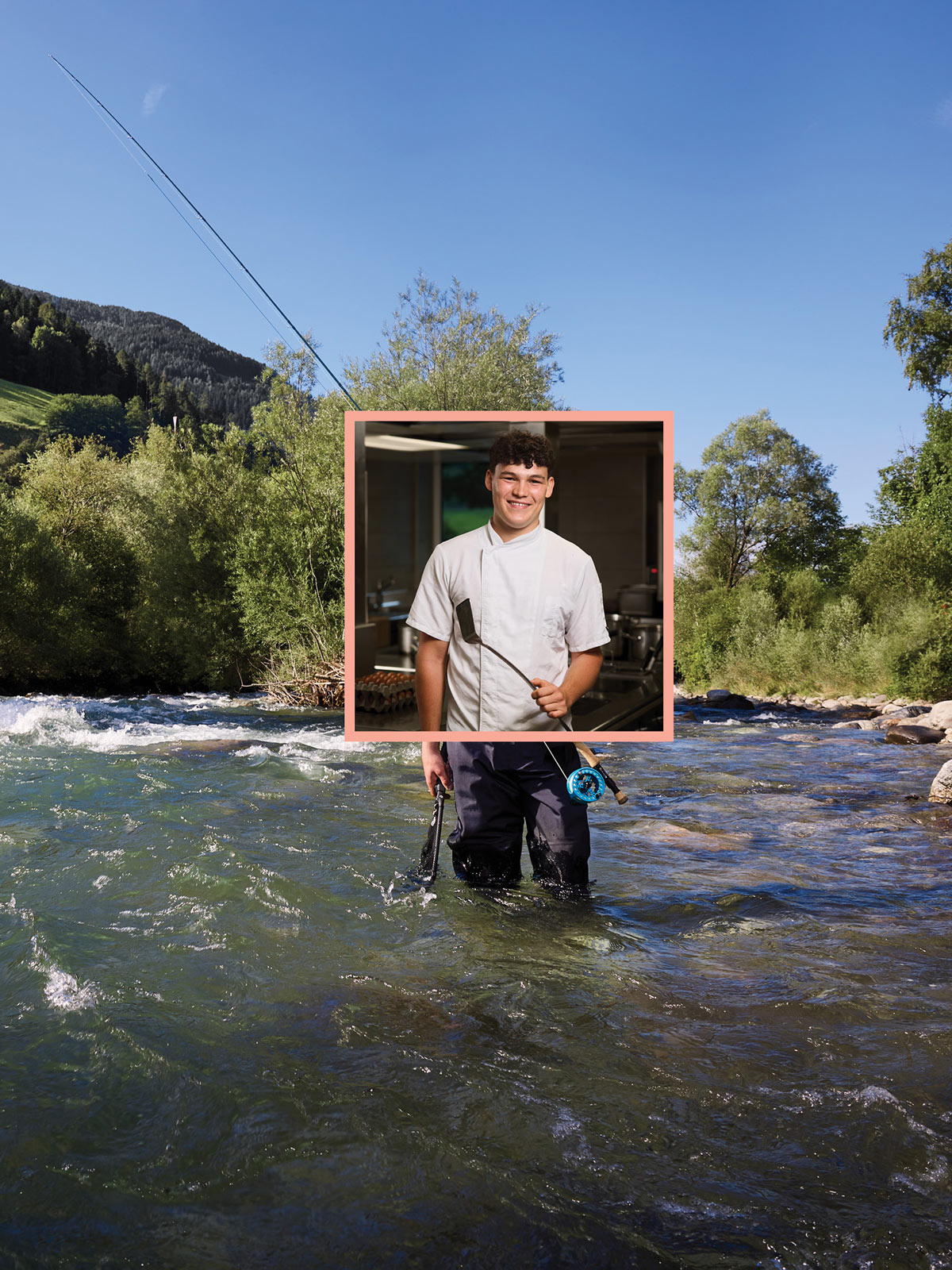 Person beim Fliegenfischen im Fluss, eingebettetes Portrait eines Kochs