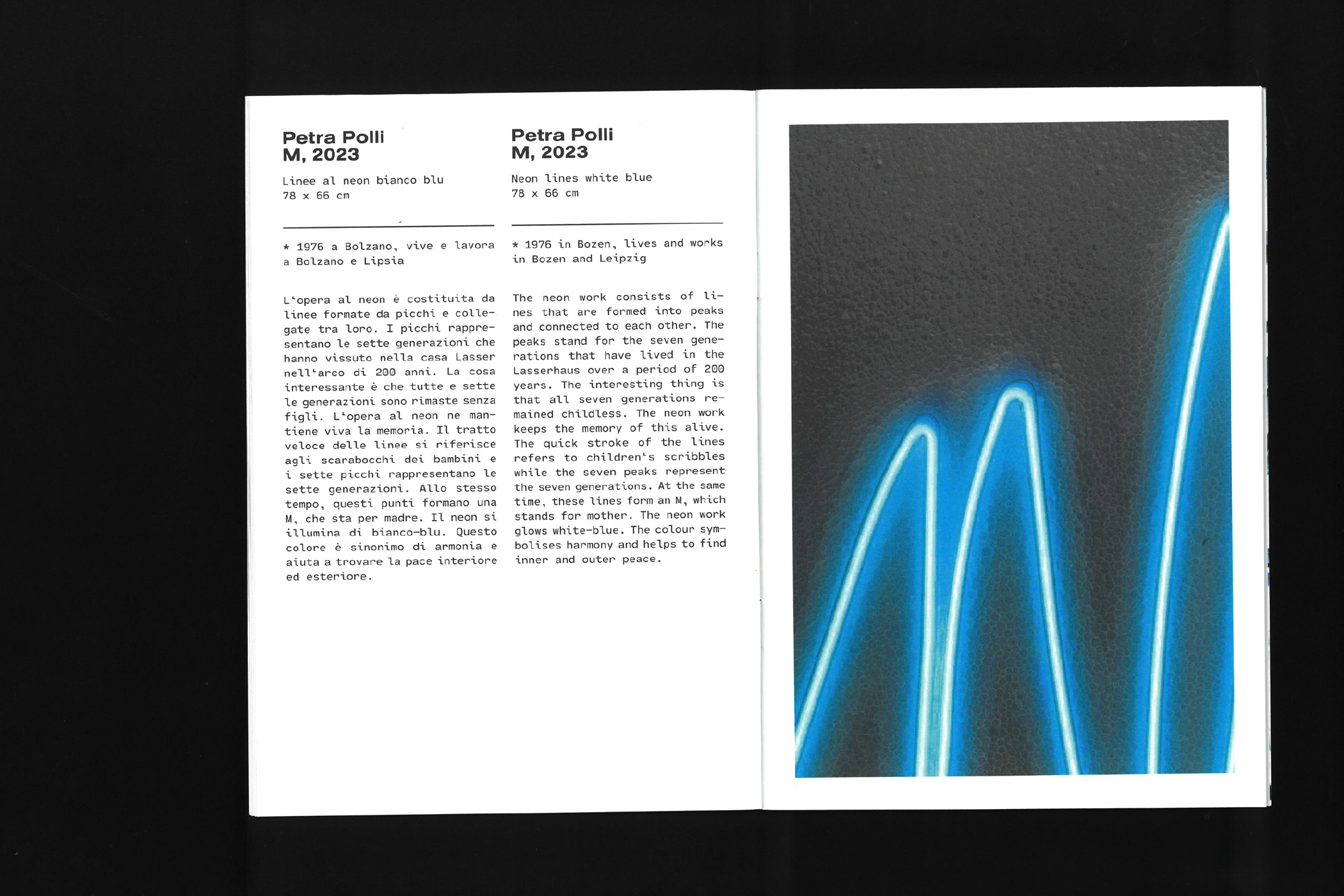 Zweiseitige Broschüre mit blau-weißen Neonline-Bild von Petra Polli, Text in Italienisch und Englisch.