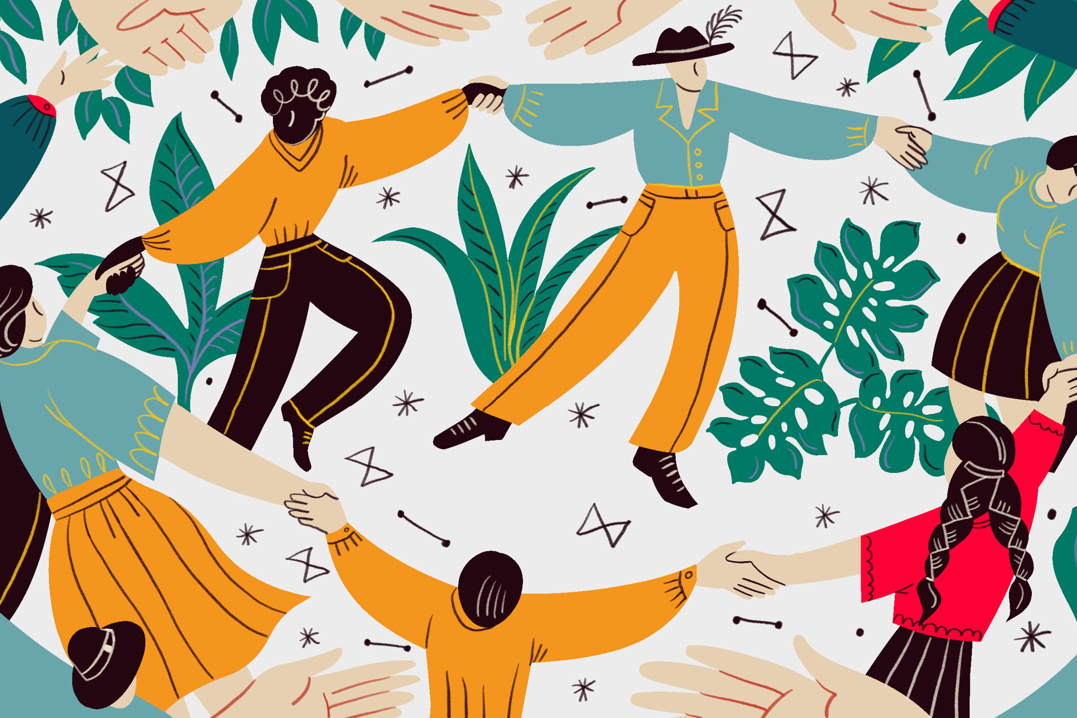Illustration von Menschen, die sich im Kreis an den Händen halten, umgeben von Pflanzen.