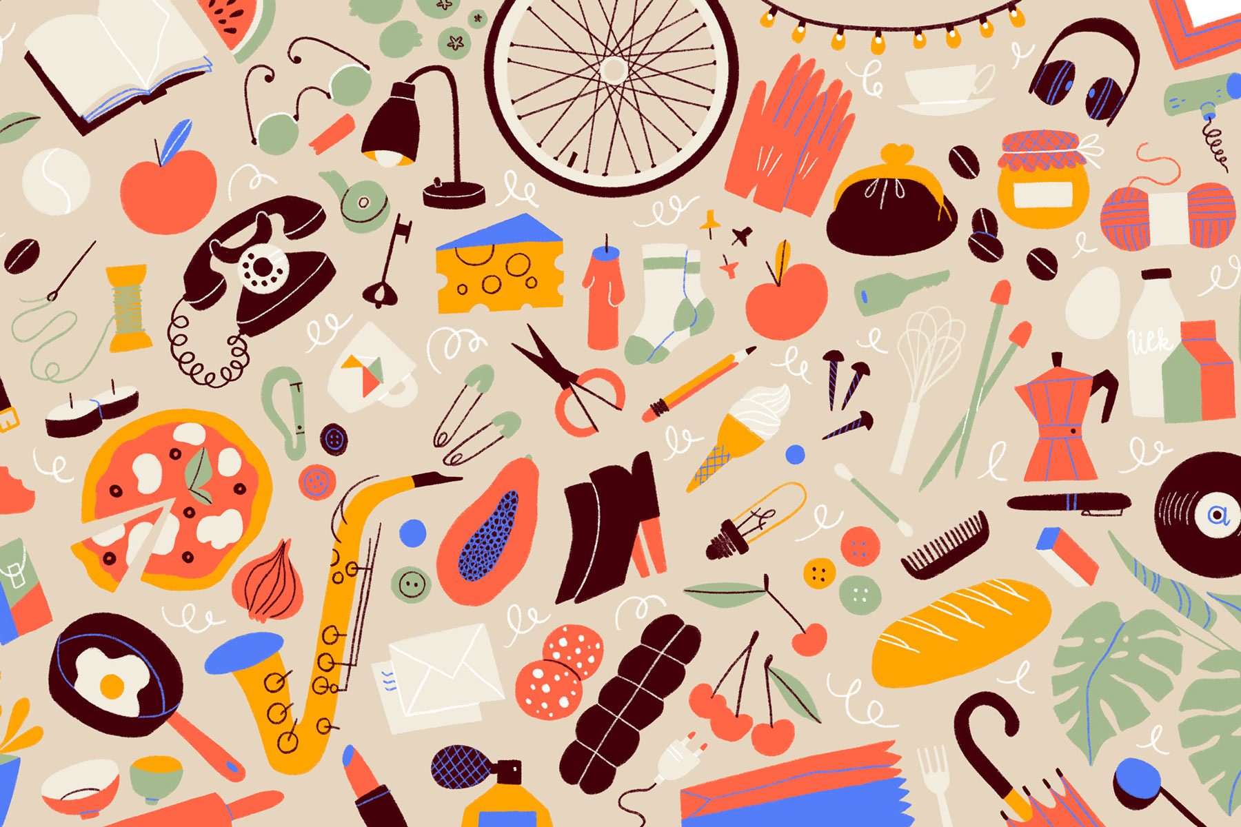 Bunte Illustration mit Alltagsgegenständen wie Fahrradreifen, Telefon, Obst und Werkzeugen.