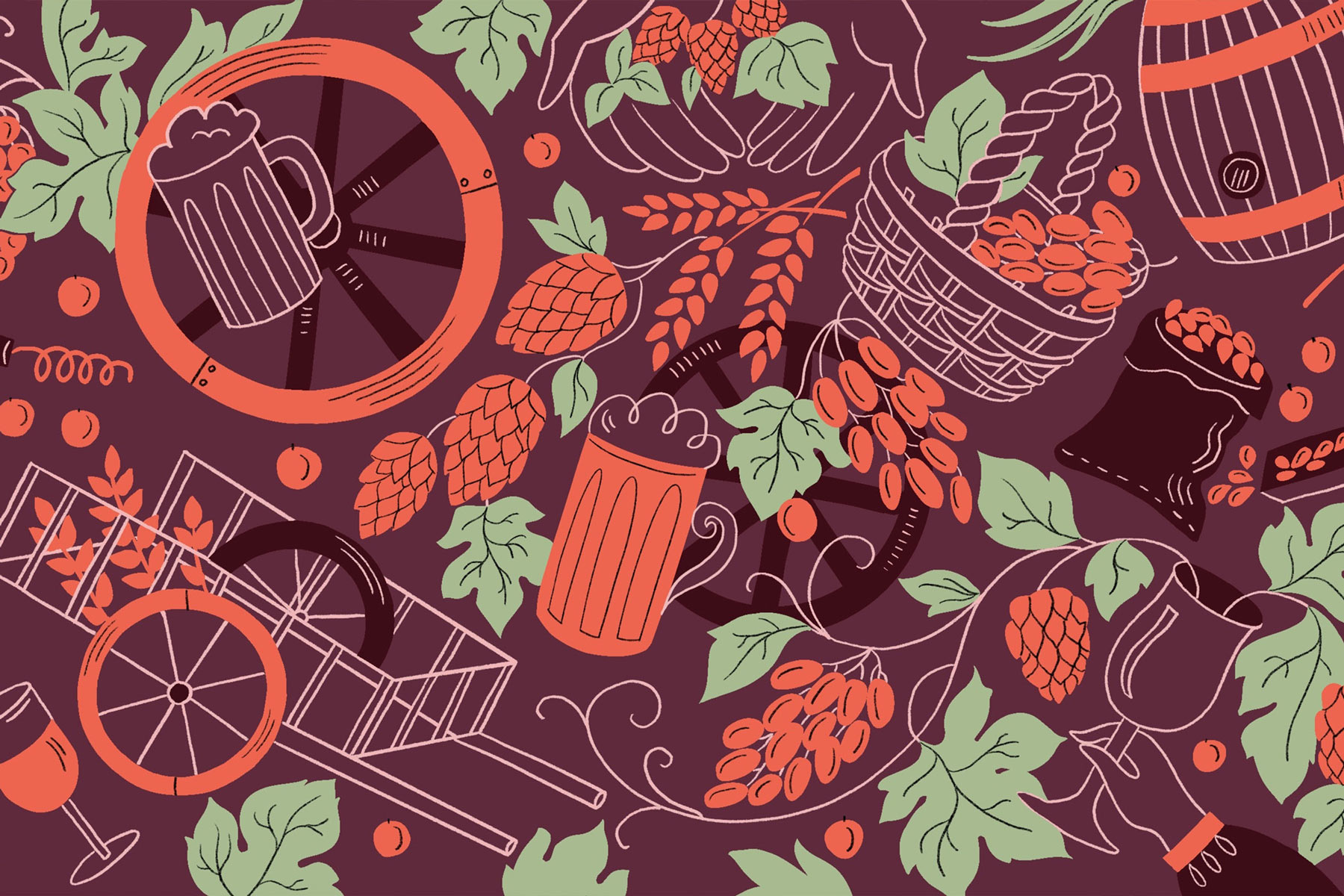 Illustration von Biergläsern, Hopfen und Getreide auf dunklem Hintergrund