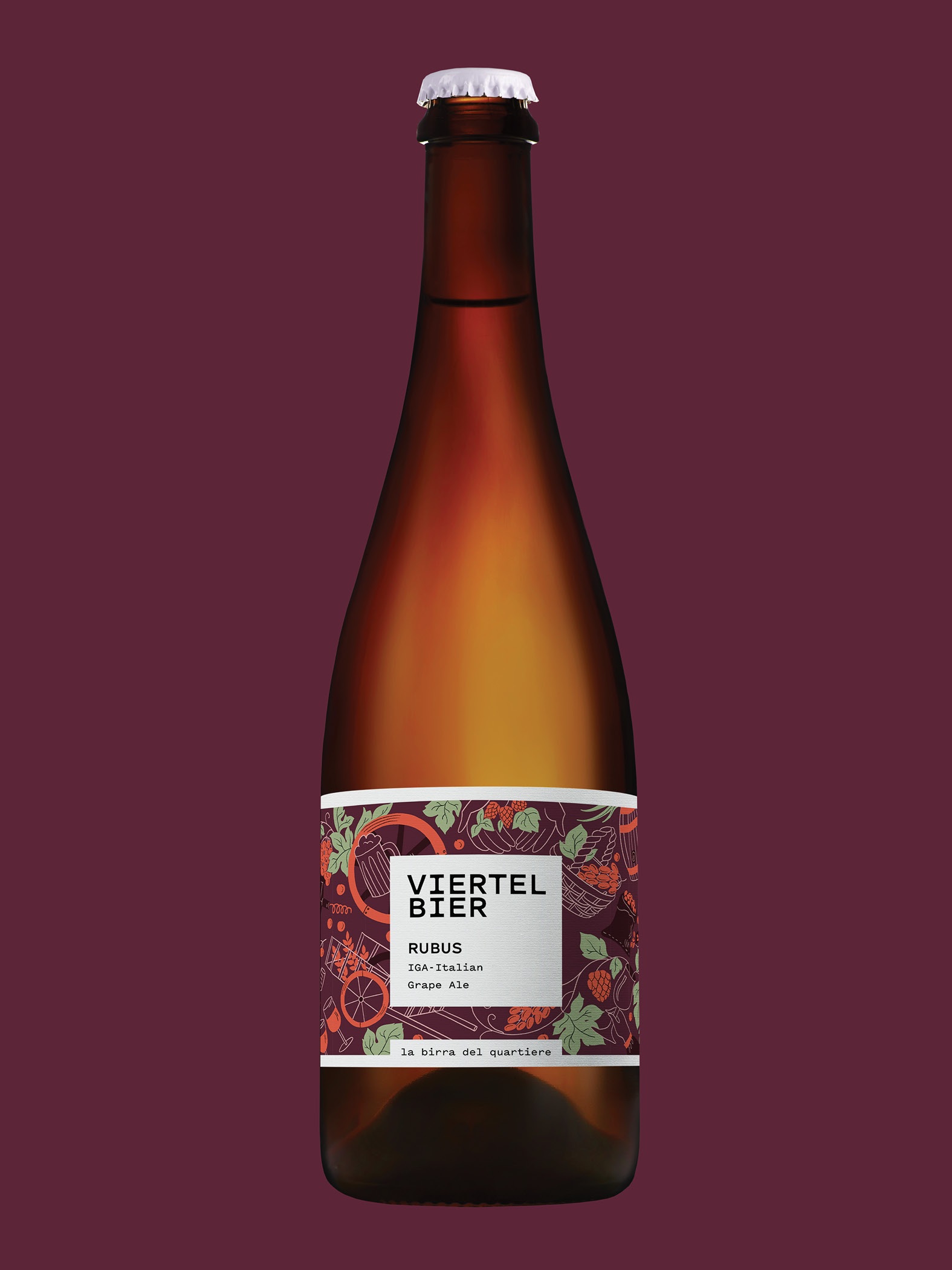 Braune Bierflasche mit farbigem Etikett von Viertel Bier Rubus