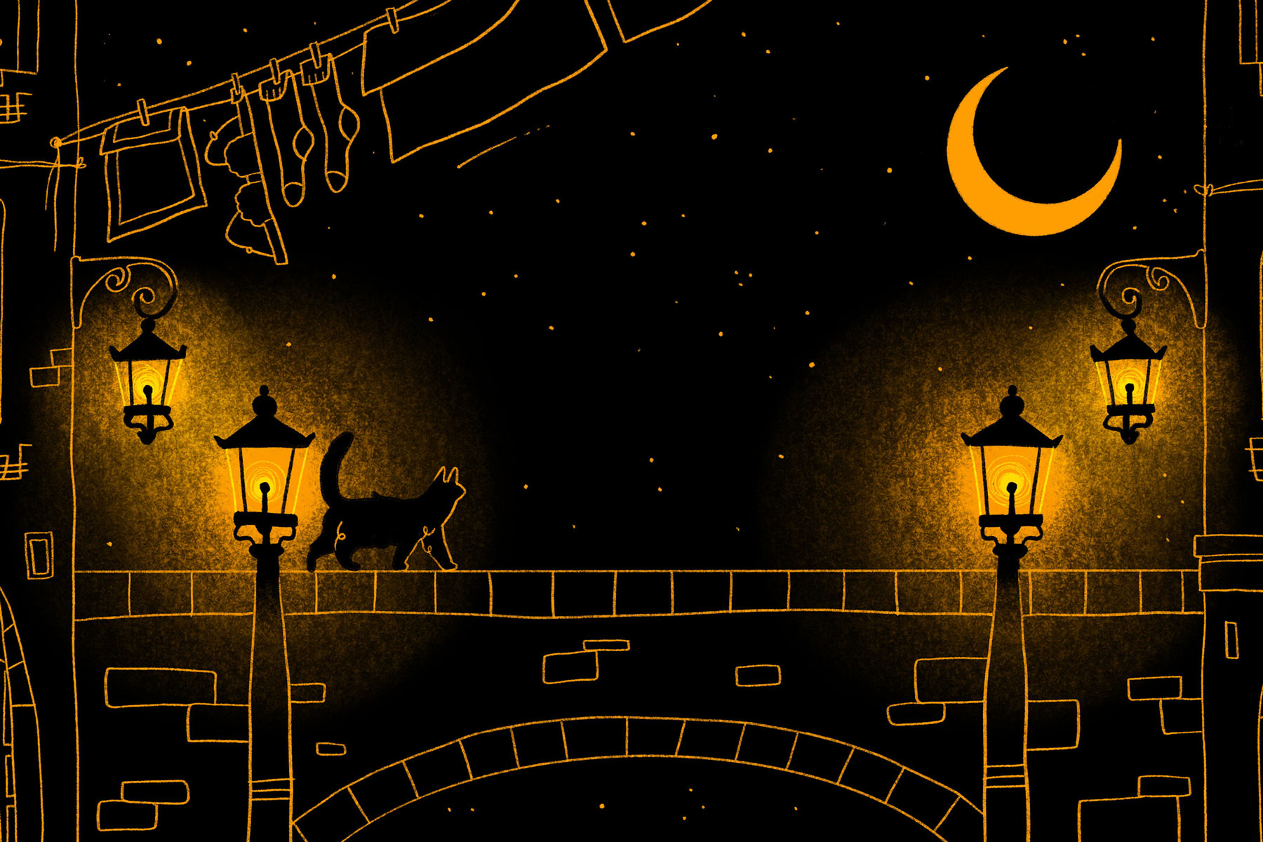 Illustrierte Katze auf Steinbrücke bei Nacht mit Laternenlicht und Halbmond.