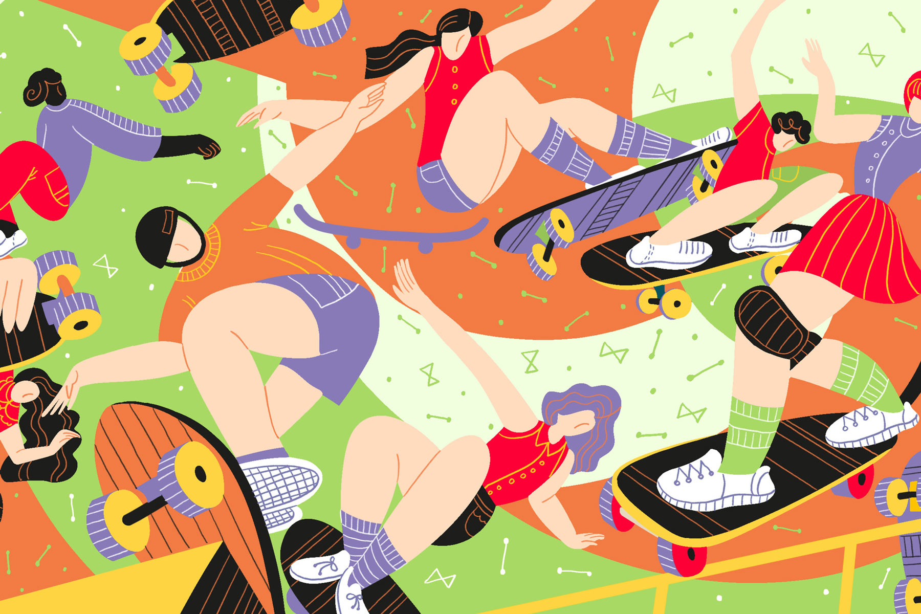 Bunte Illustration von Skateboarderinnen in dynamischen Posen auf abstraktem Hintergrund.