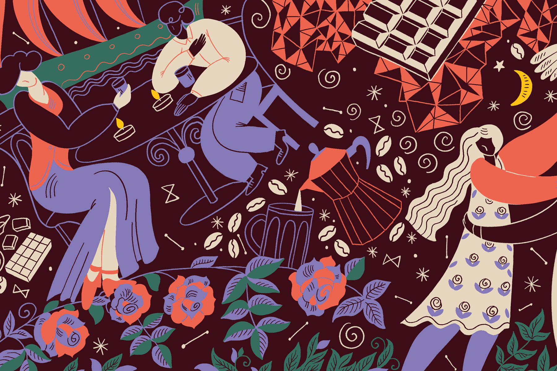 Illustration von Personen an Tisch mit Kaffee, Rosen und geometrischen Mustern.