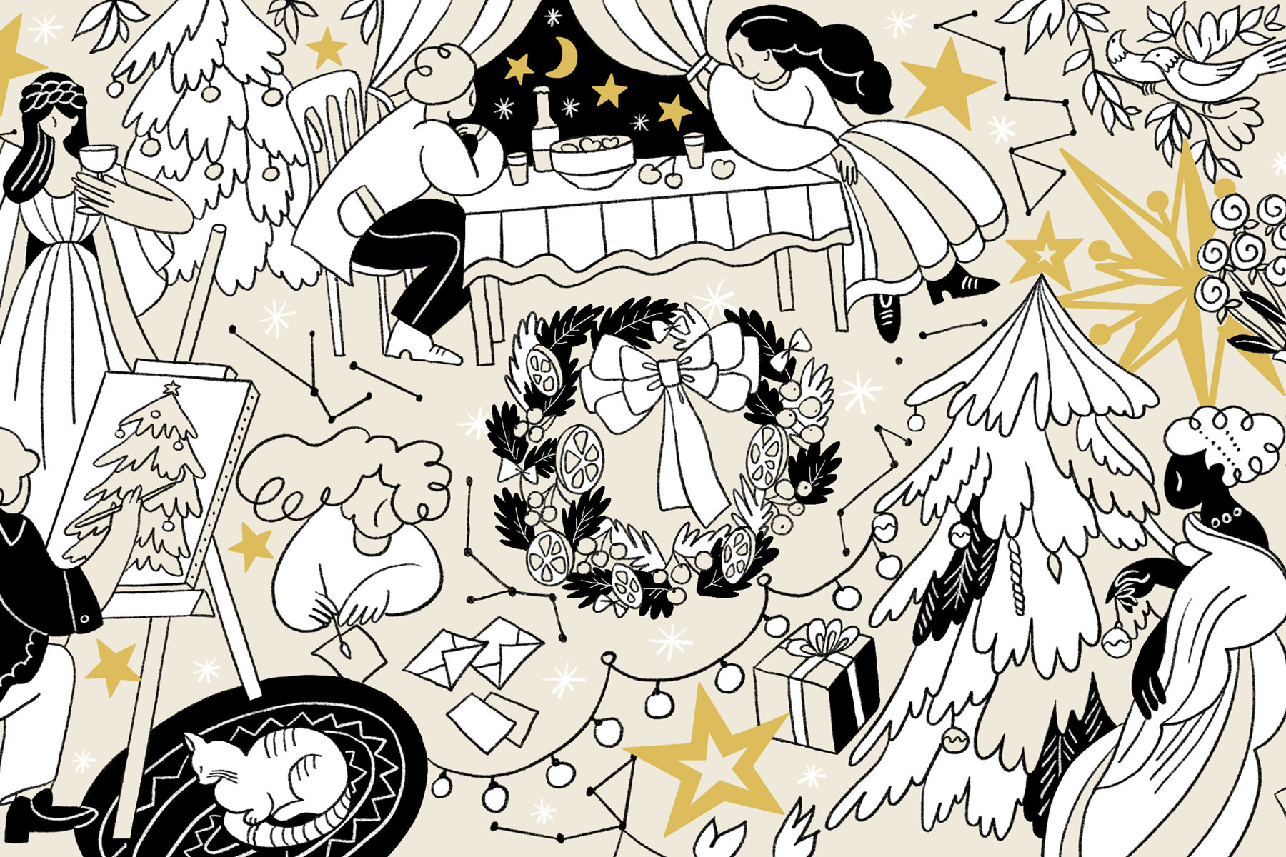 Illustration mit Weihnachtsszenen, Figuren, Sternen und dekoriertem Baum.
