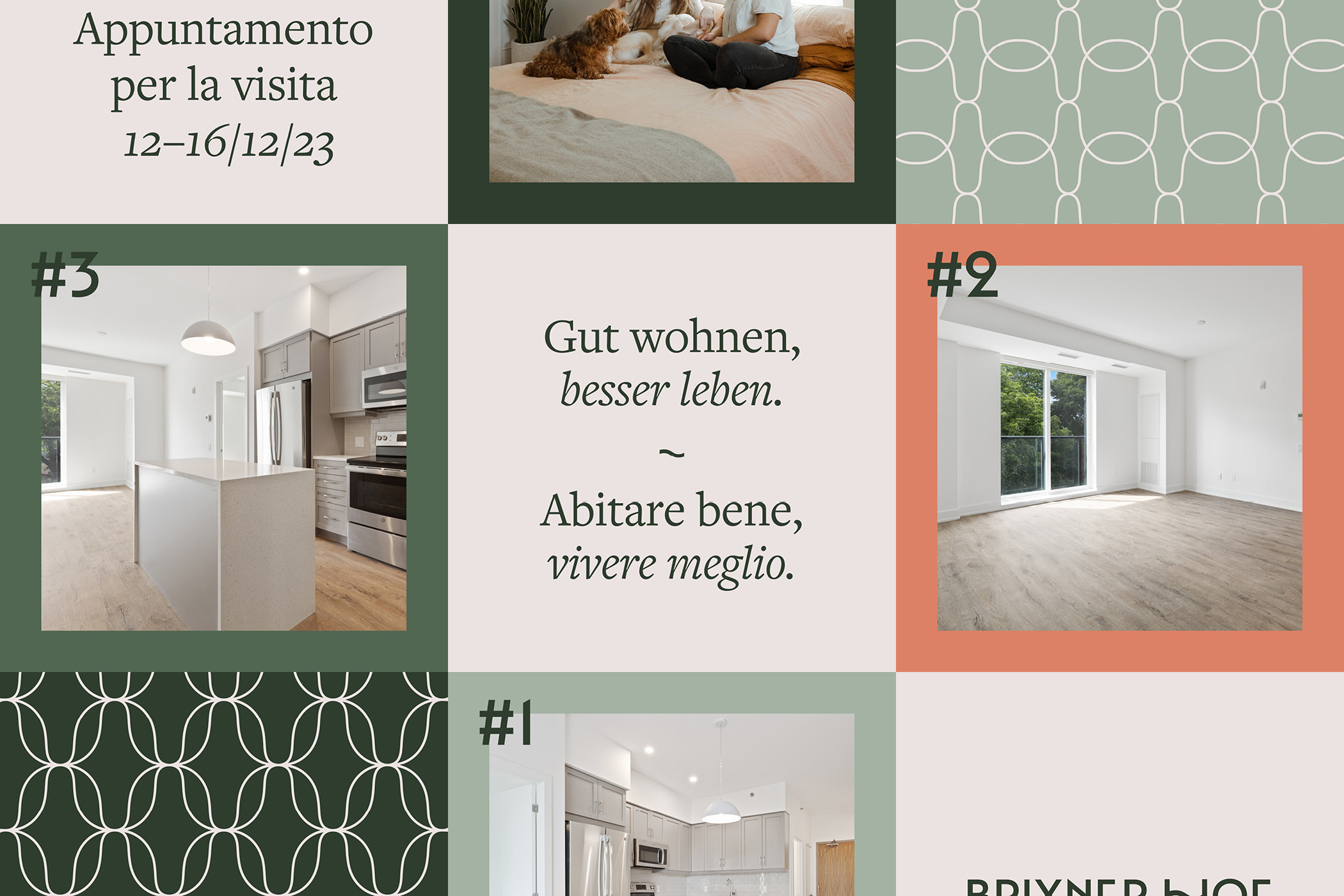Collage mit Wohnräumen, Besuchsterminen und Motto 'Gut wohnen, besser leben'.