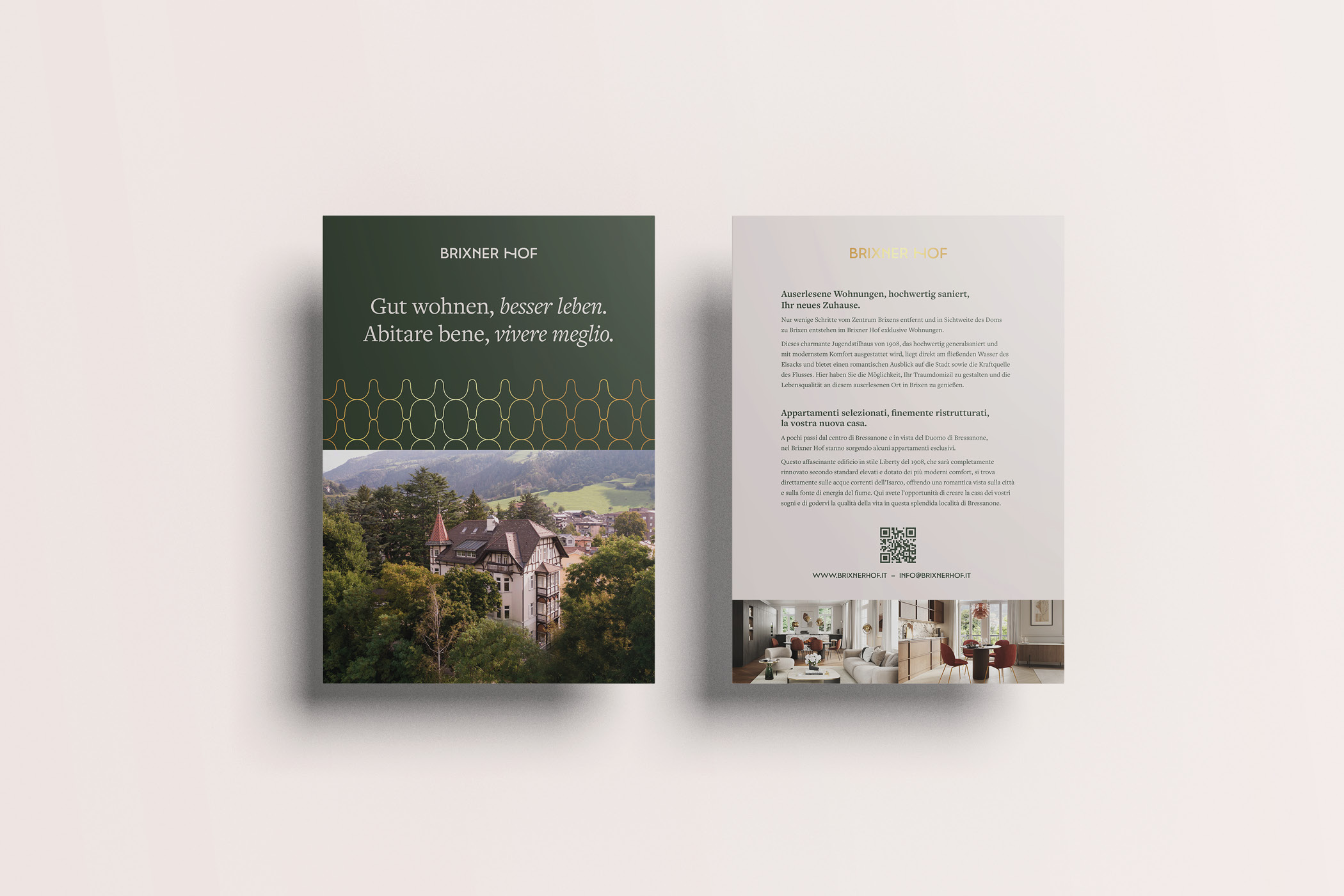 Broschürenlayout von Brixner Hof, elegante Hausansicht und Wohnraumabbildung