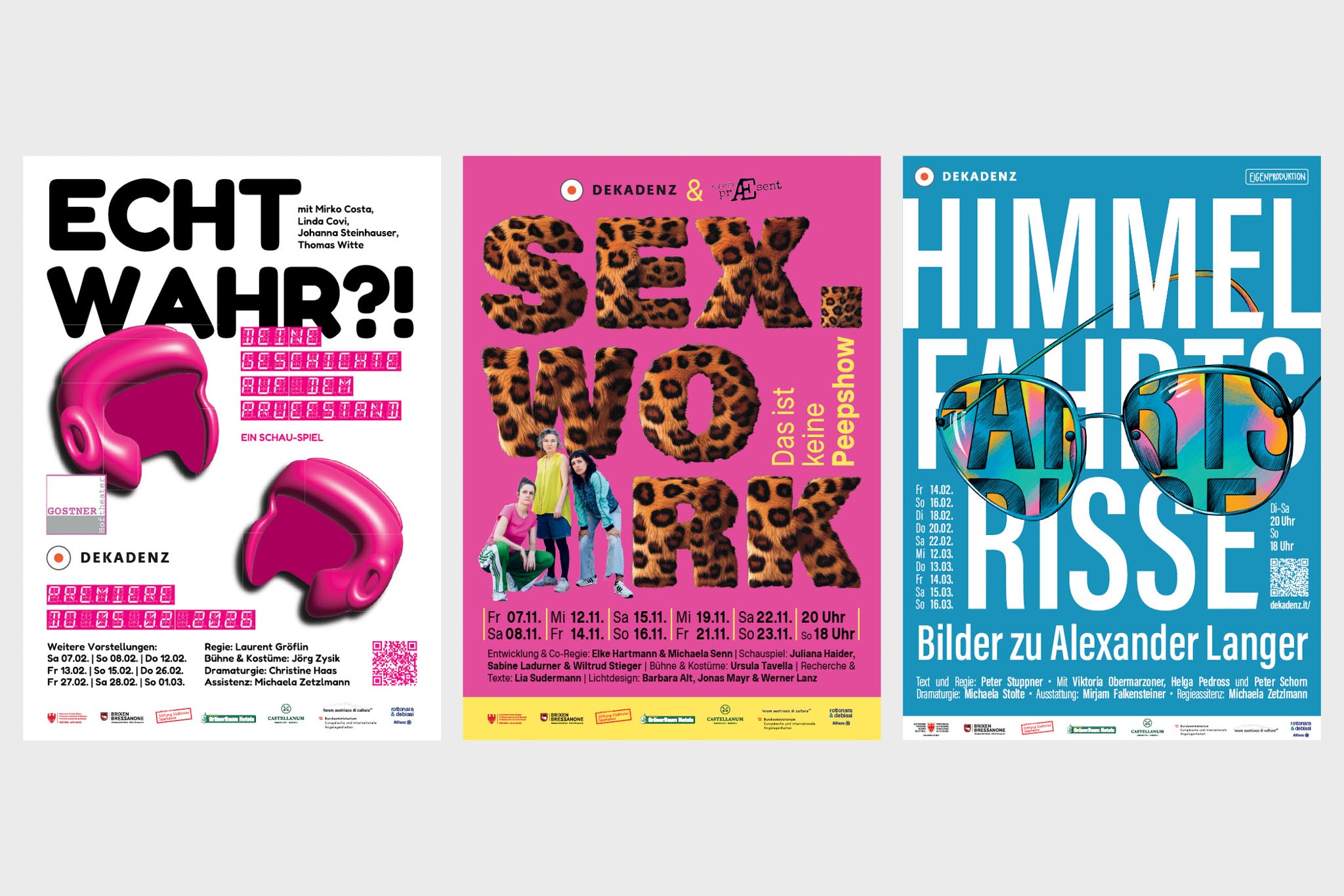 Drei bunte Poster der DEKADENZ-Theaterproduktion.