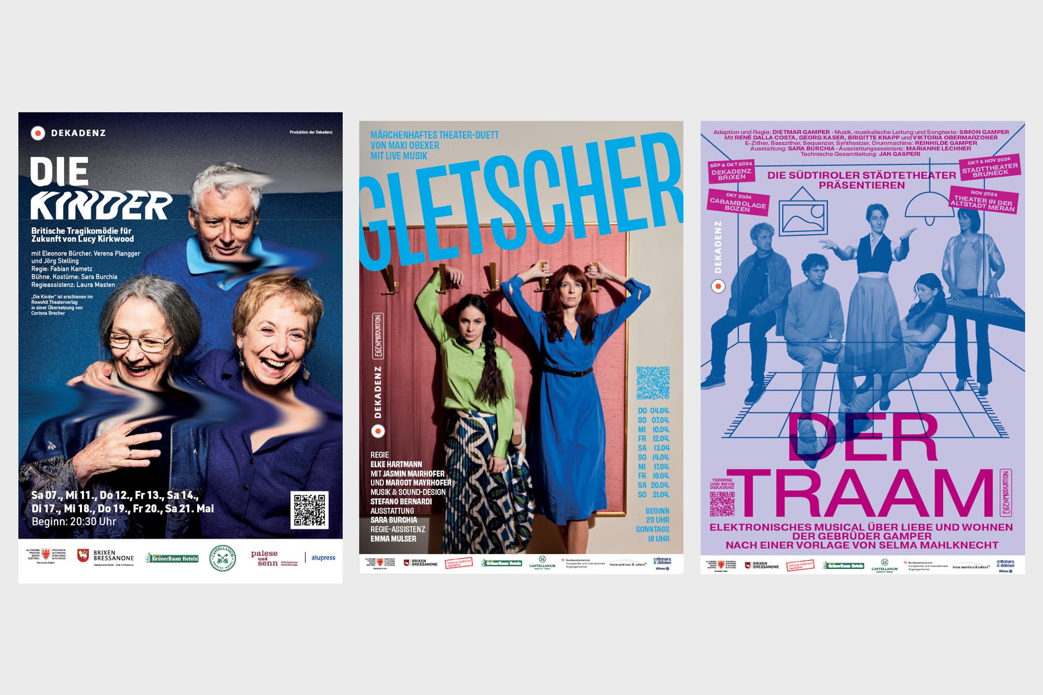 Drei Theaterplakate mit Titeln: Die Kinder, Gletscher, Der Traam.