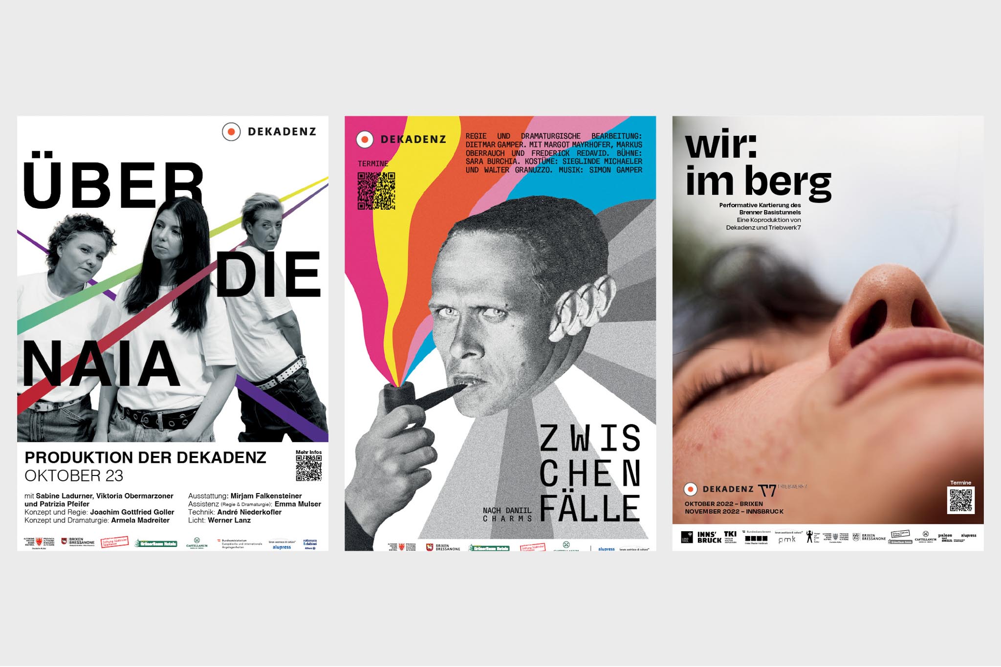 Drei Theaterposter von Dekadenz mit farbenfrohen Designs und Gesichtern.