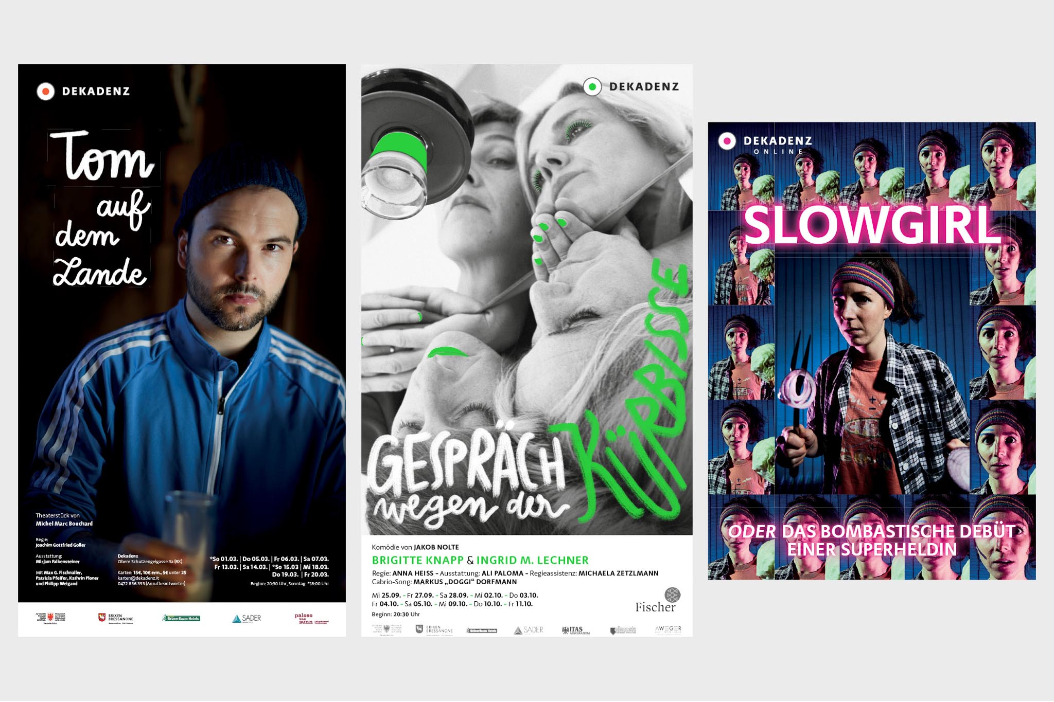 Drei Theaterplakate mit den Titeln 'Tom auf dem Lande', 'Gespräch wegen der Kürbisse', 'Slowgirl'.