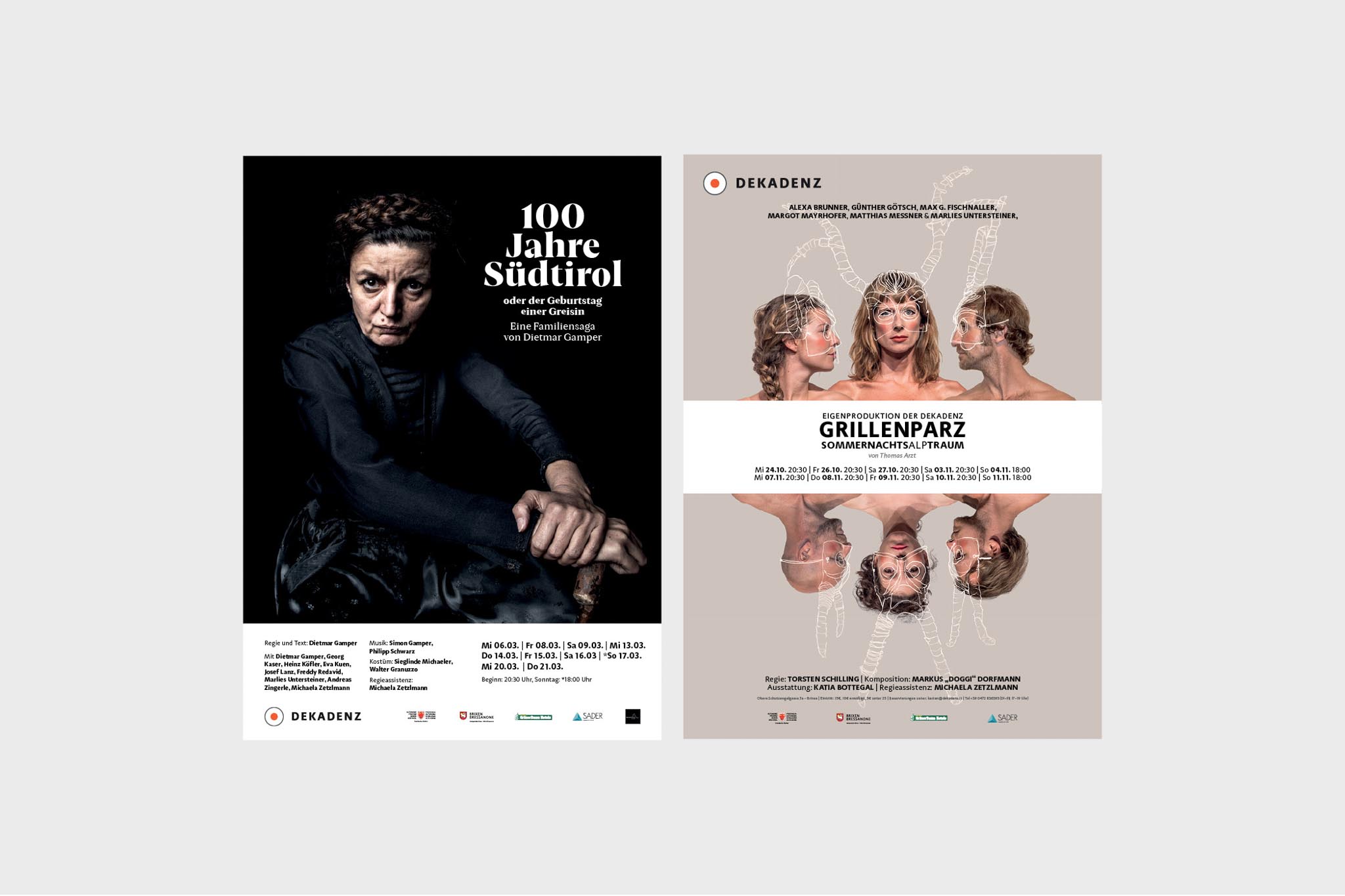 Zwei Theaterplakate, Dekadenz, Aufführungsdaten und Schauspieler abgebildet