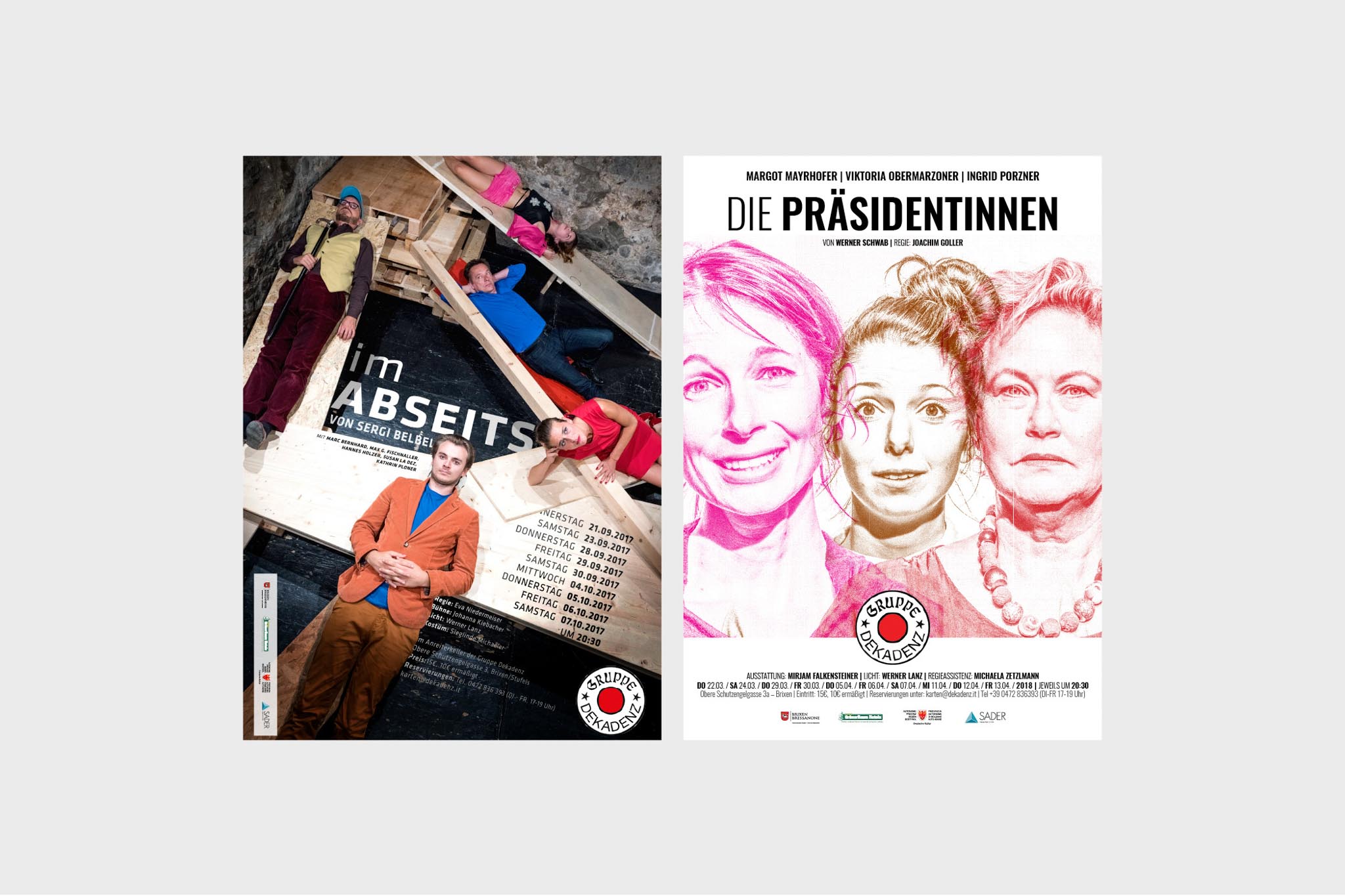 Theaterposter mit Schauspielern und Terminen, Stücktitel 'Im Abseits' und 'Die Präsidentinnen'.
