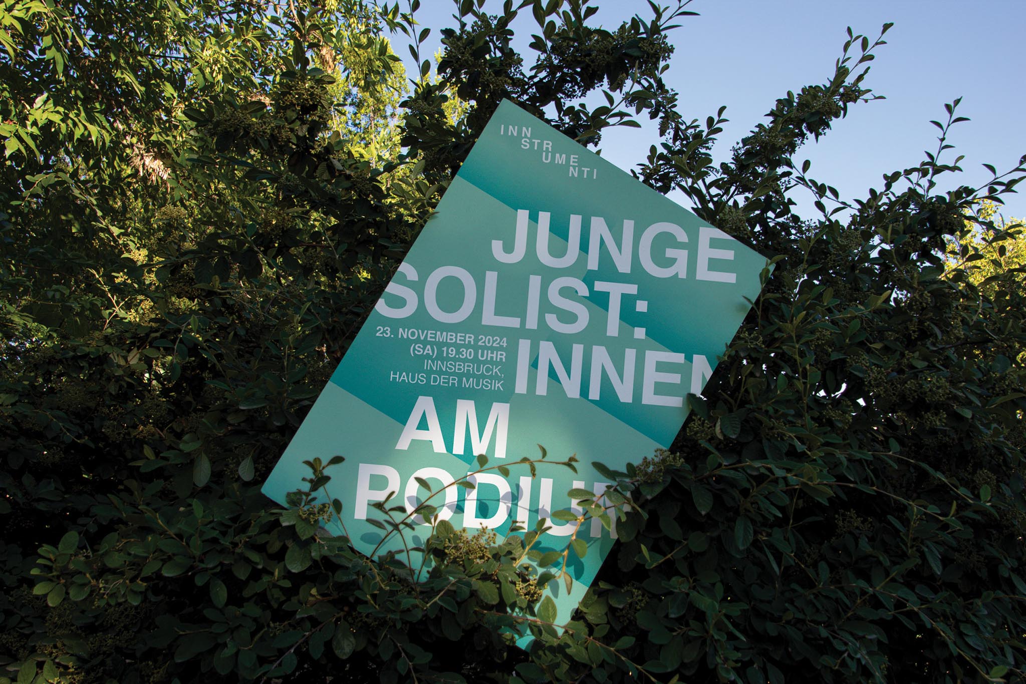 Plakat im Gebüsch mit Konzertinformationen, Innsbruck, 23. November 2024