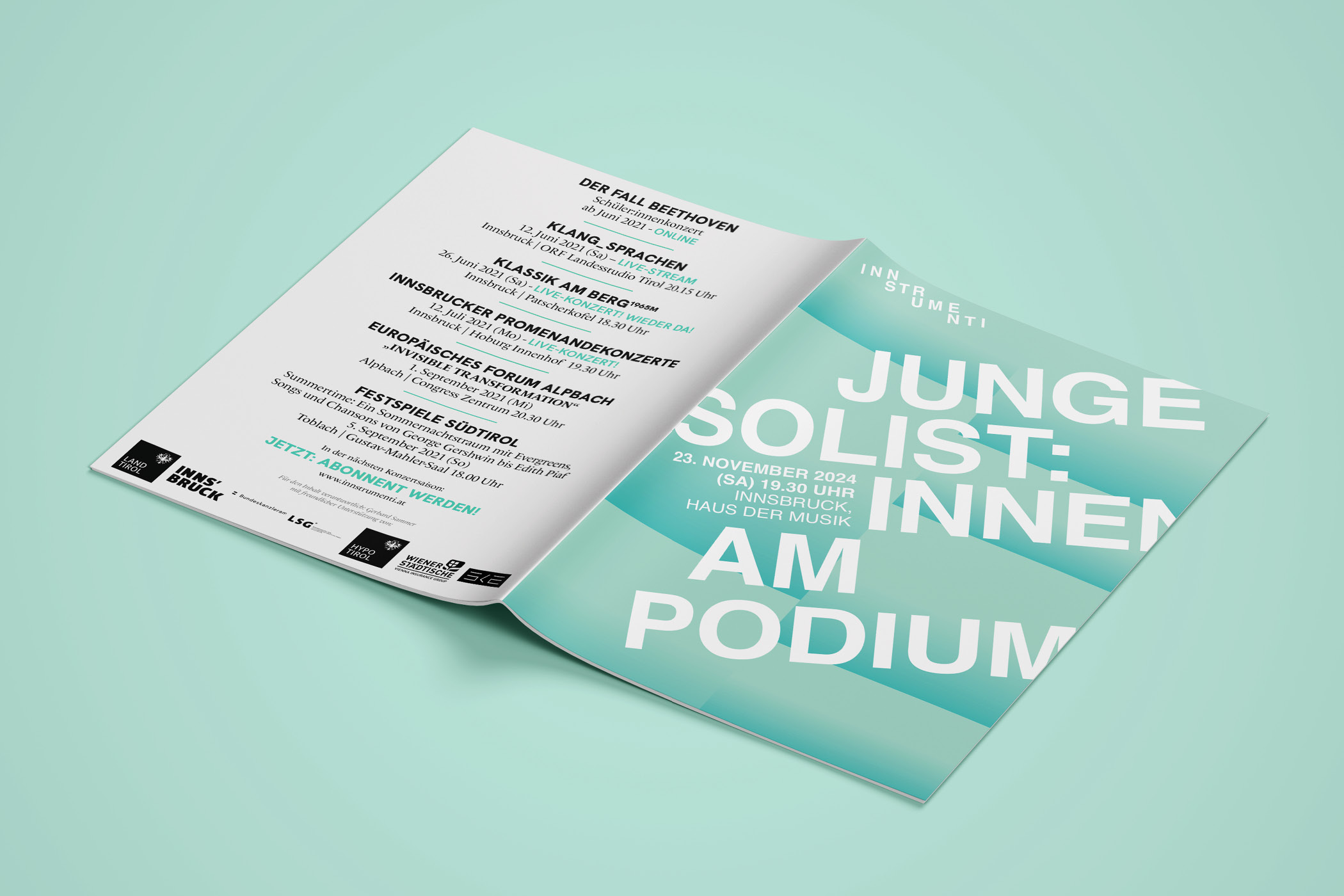 Flyer für Konzertreihe 'Junge Solist:innen am Podium' in Innsbruck