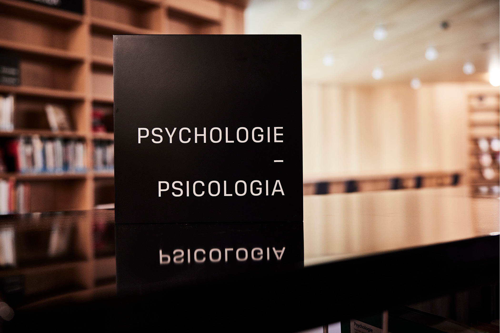 Schwarzes Schild mit Aufschrift Psychologie - Psicologia in Bibliothek
