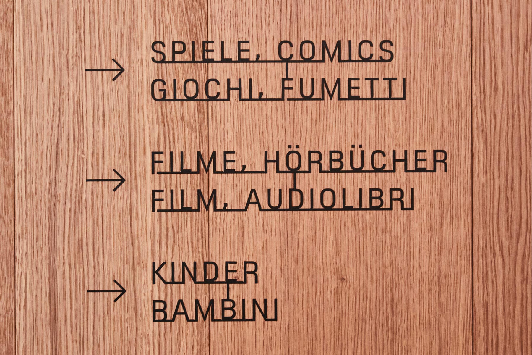 Holzschild mit mehrsprachiger Beschriftung: Spiele, Filme, Kinder